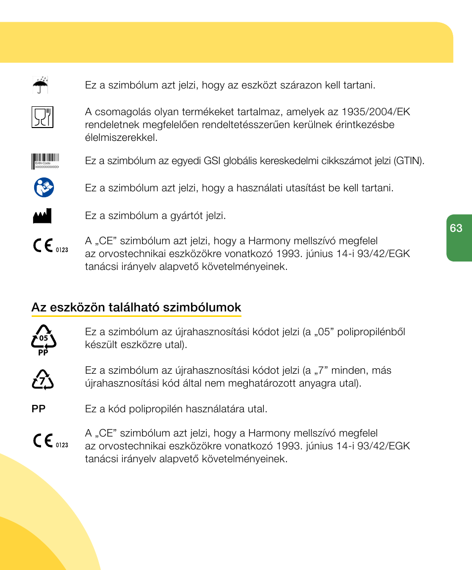 Az eszközön található szimbólumok | Medela Harmony User Manual | Page 63 / 144