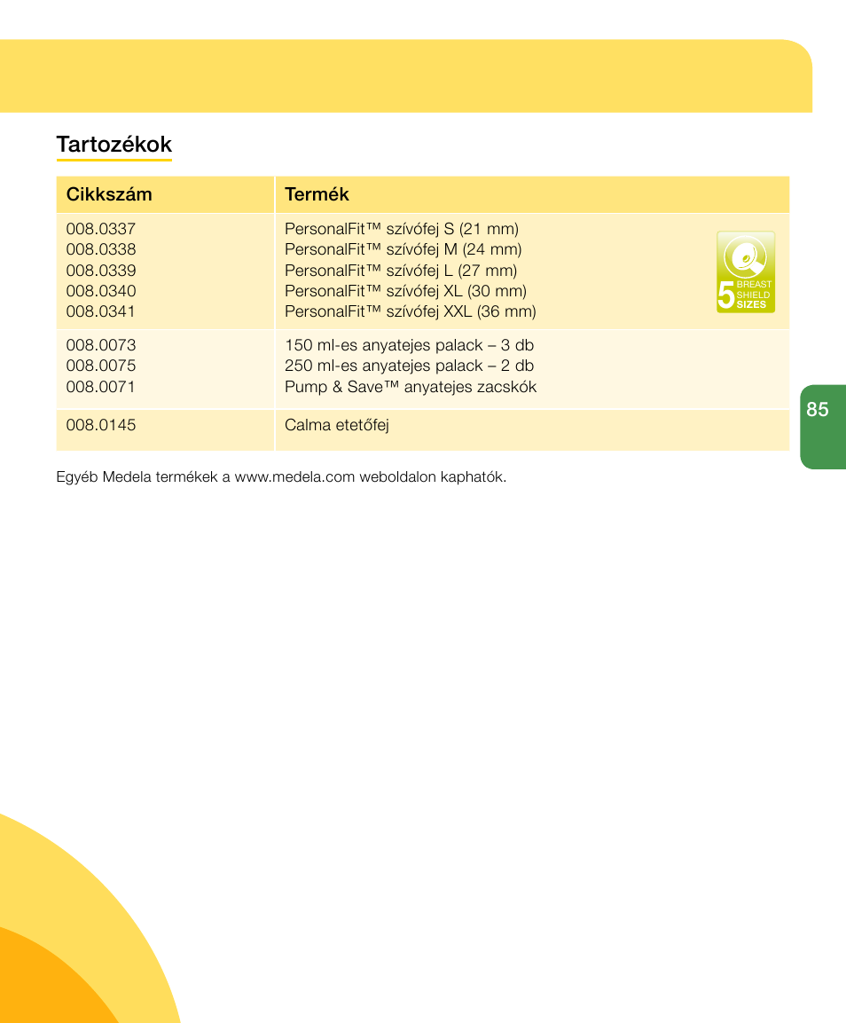 Tartozékok | Medela Harmony User Manual | Page 85 / 144