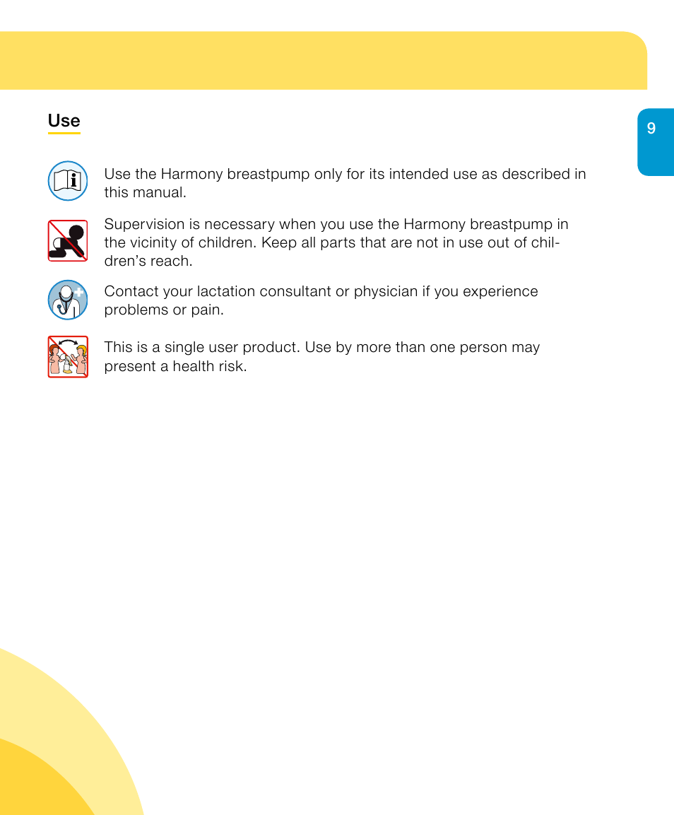 Important safety information | Medela Harmony User Manual | Page 9 / 144