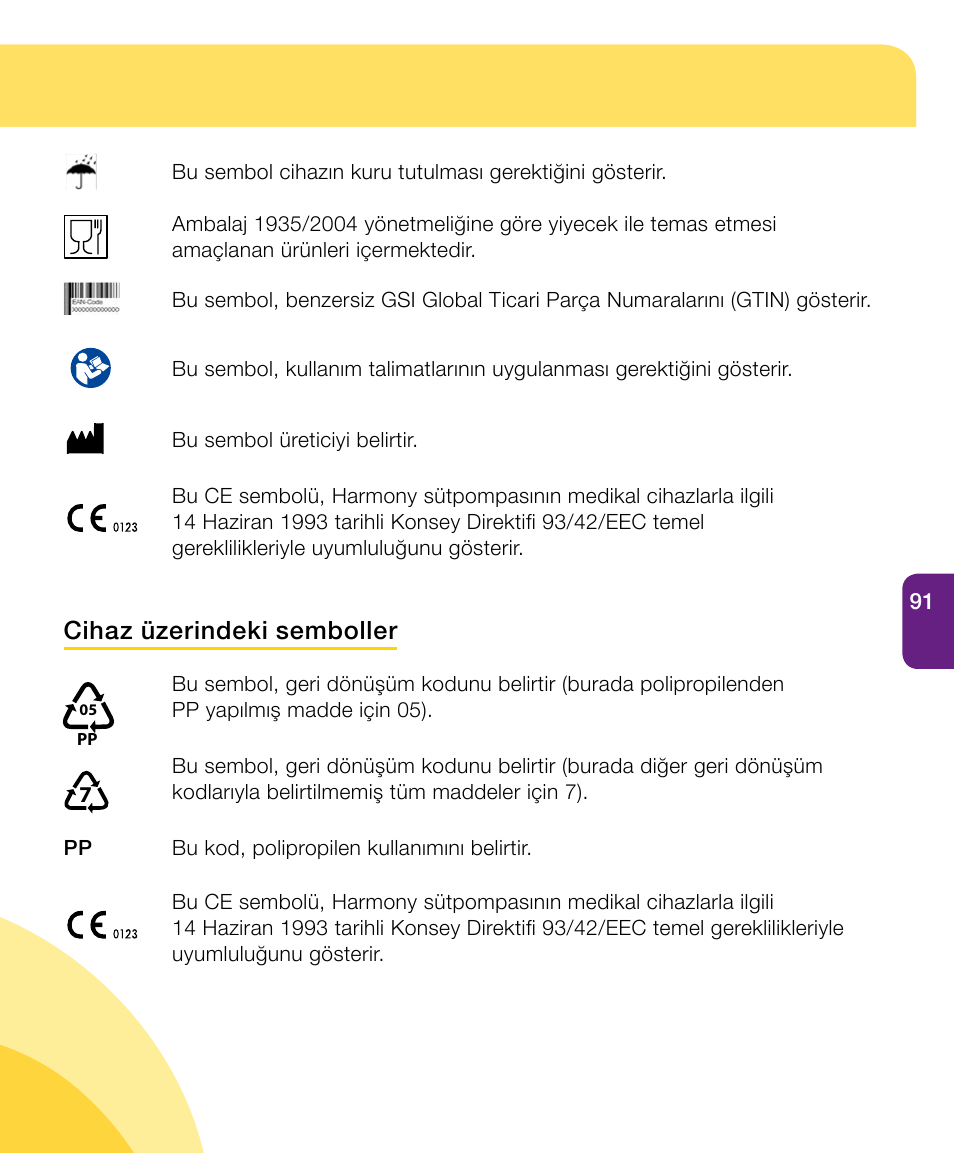 Cihaz üzerindeki semboller | Medela Harmony User Manual | Page 91 / 144