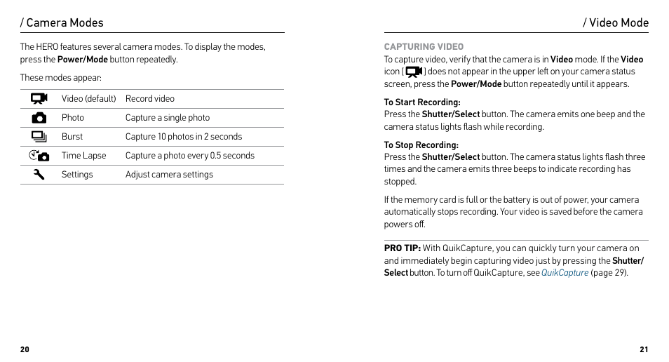 Camera modes, Video mode, Camera modes / video mode | GoPro HERO User Manual | Page 11 / 24