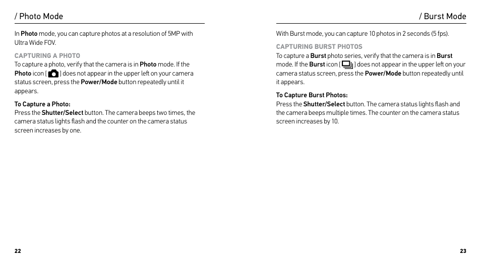 Photo mode, Burst mode | GoPro HERO User Manual | Page 12 / 24