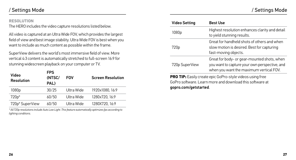 Settings mode | GoPro HERO User Manual | Page 14 / 24