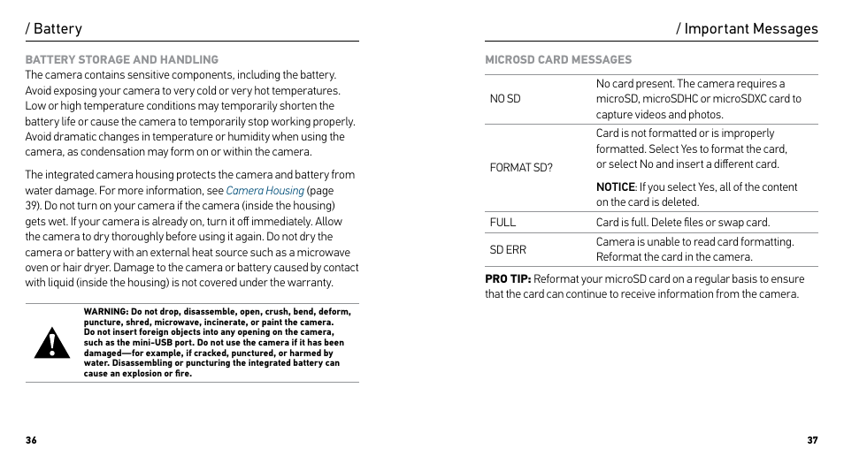 Important messages, Battery | GoPro HERO User Manual | Page 19 / 24