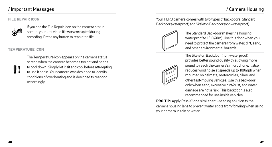 Camera housing, Important messages | GoPro HERO User Manual | Page 20 / 24