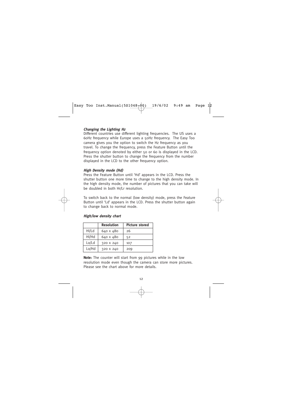 Changing the lighting hz, High density mode (hd) | Concord Camera 5345z User Manual | Page 13 / 29