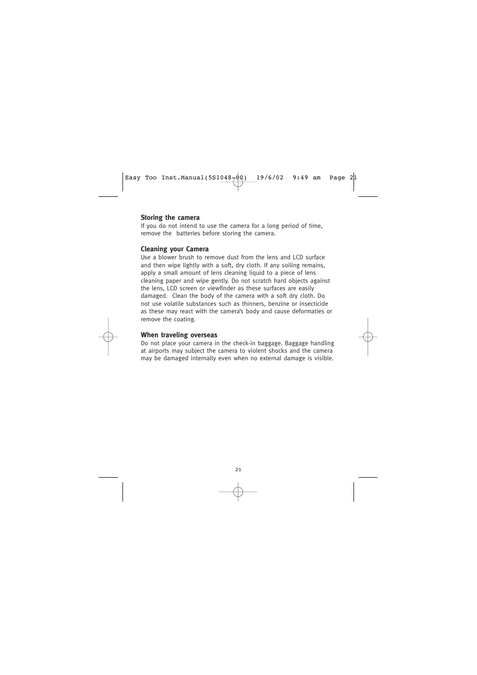 Storing the camera, Cleaning your camera, When traveling overseas | Concord Camera 5345z User Manual | Page 22 / 29