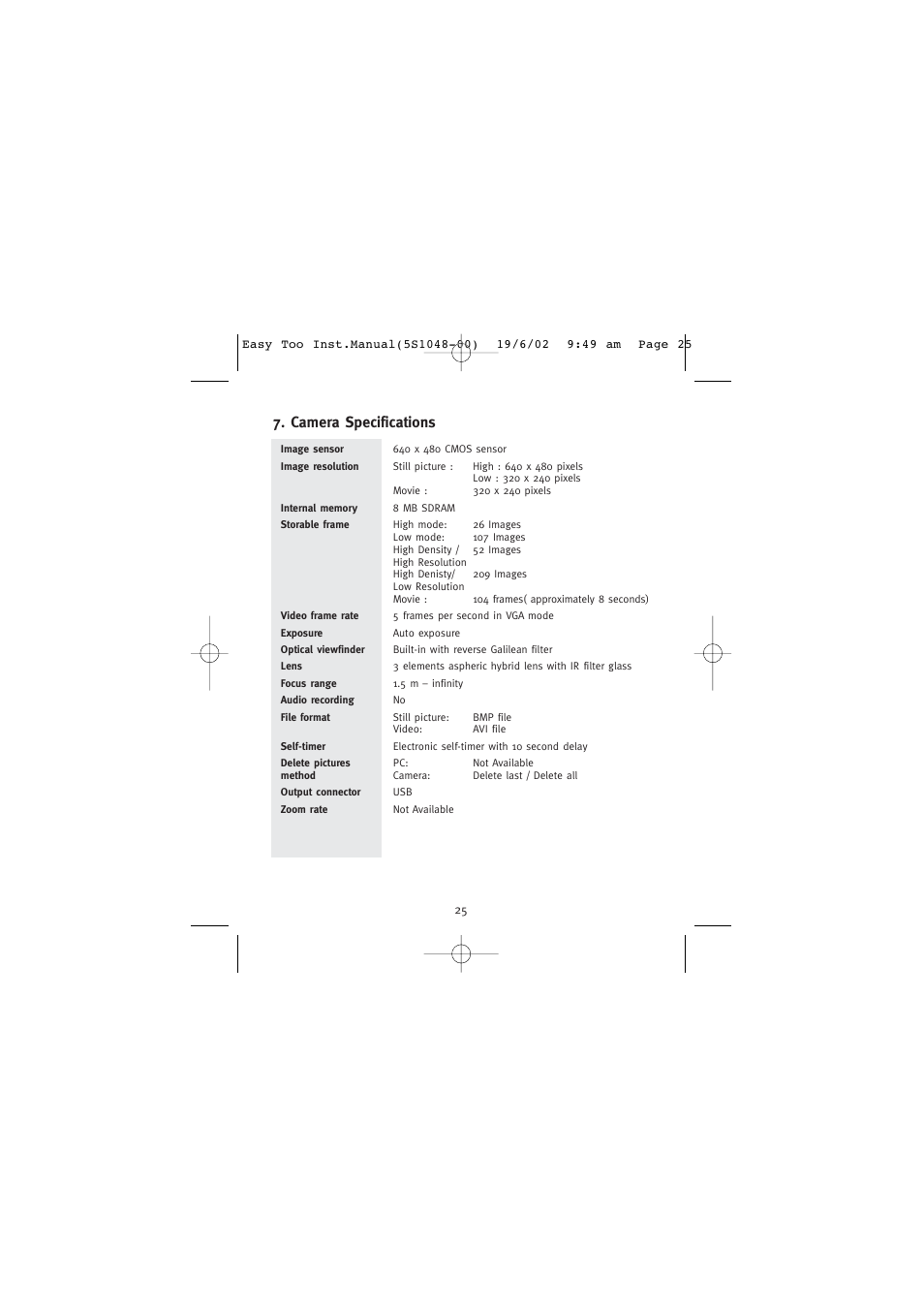 Camera specifications | Concord Camera 5345z User Manual | Page 26 / 29