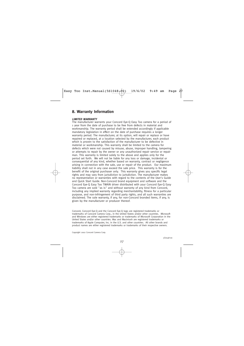 Warranty information | Concord Camera 5345z User Manual | Page 28 / 29
