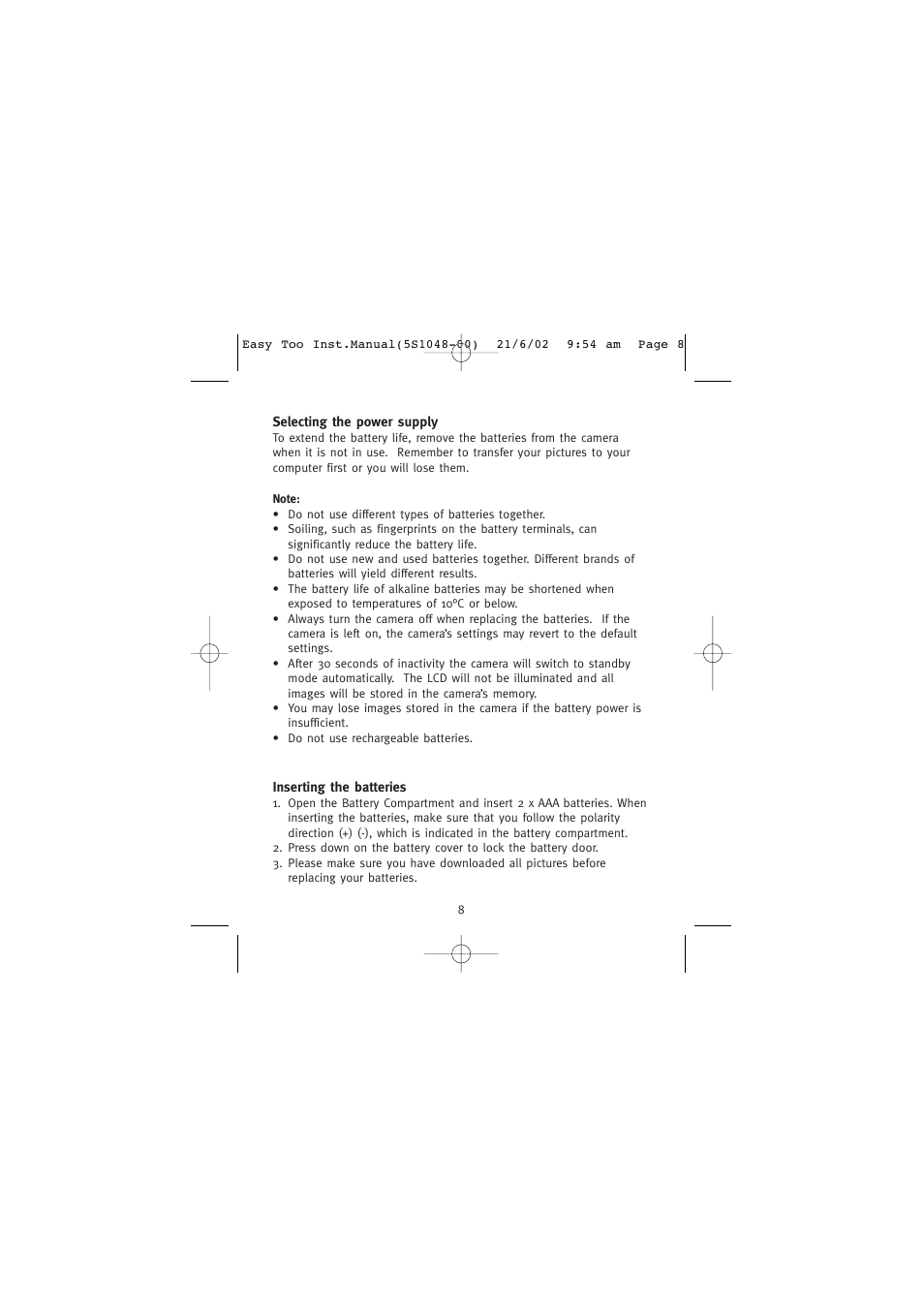 Selecting the power supply, Inserting the batteries | Concord Camera 5345z User Manual | Page 9 / 29