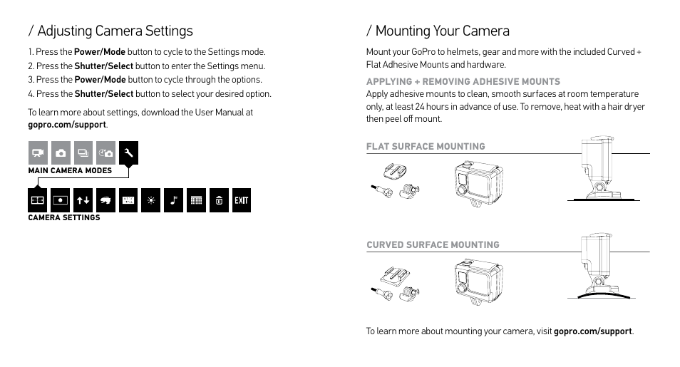 Adjusting camera settings, Mounting your camera | GoPro HERO User Manual | Page 5 / 7