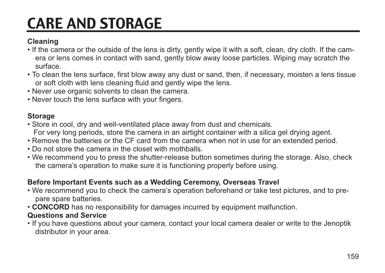 Care and storage | Concord Camera 5330z User Manual | Page 159 / 165