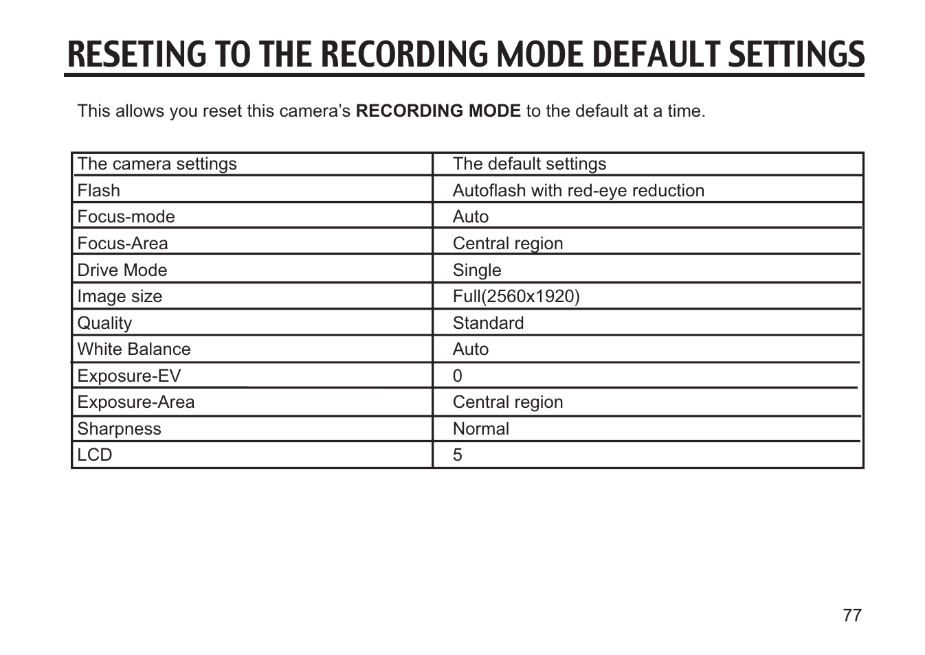 Reseting to the recording mode default settings | Concord Camera 5330z User Manual | Page 77 / 165