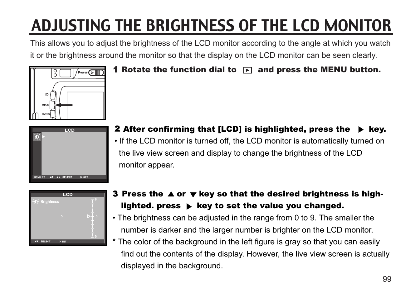 Adjusting the brightness of the lcd monitor | Concord Camera 5330z User Manual | Page 99 / 165