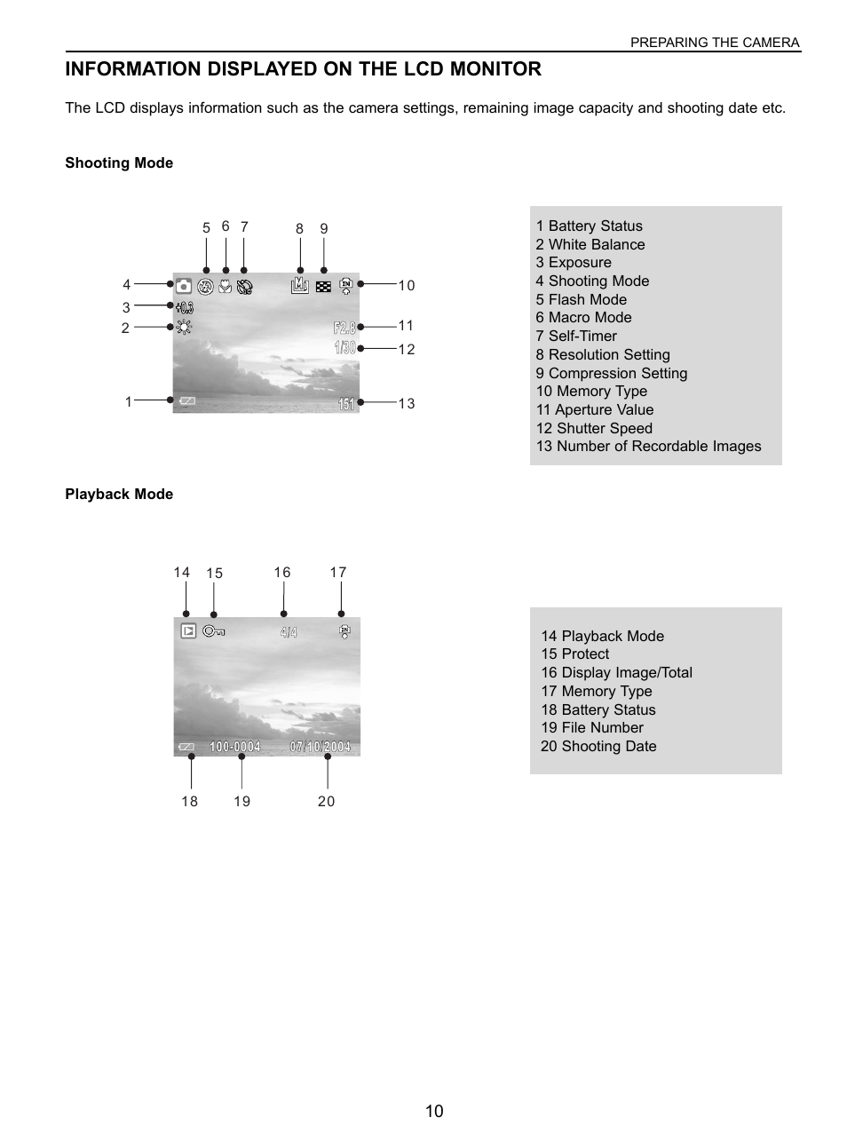 Information displayed on the lcd, Information displayed on the lcd monitor | Concord Camera 5040 User Manual | Page 11 / 42