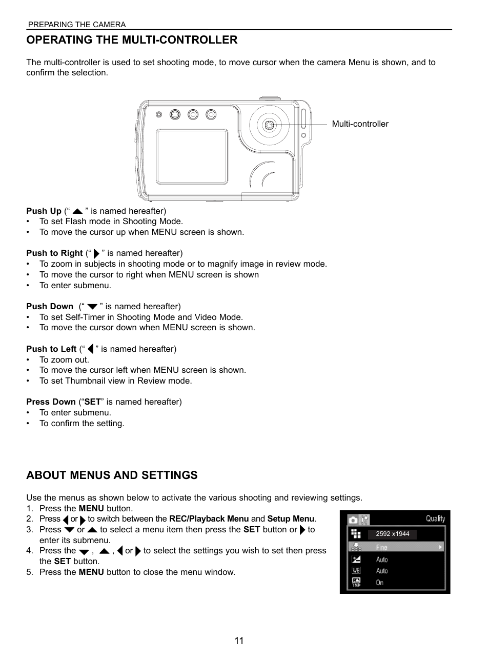 Operating the multi-controller, Using the menu, About menus and settings | Concord Camera 5040 User Manual | Page 12 / 42