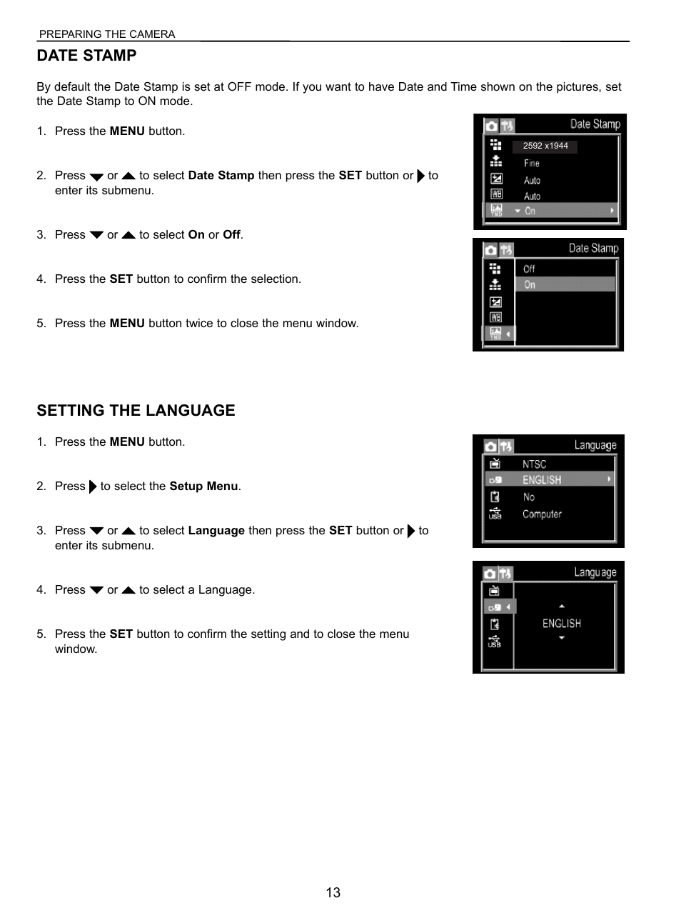 Setting date printing, Setting the language, Date stamp | Concord Camera 5040 User Manual | Page 14 / 42