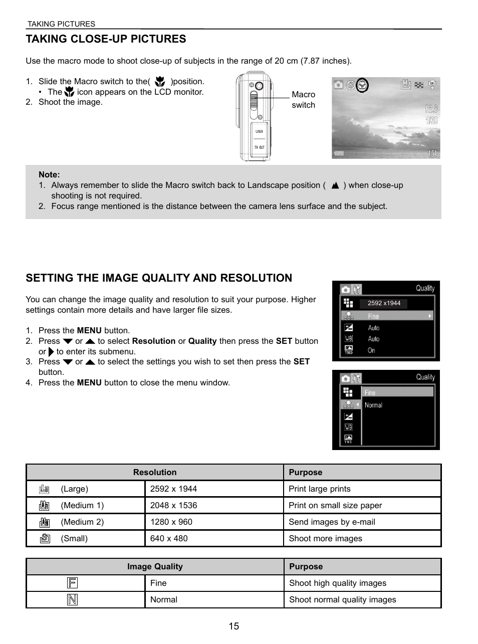 Taking pictures in macro mode, Setting the image quality and resolution, Taking close-up pictures | Concord Camera 5040 User Manual | Page 16 / 42