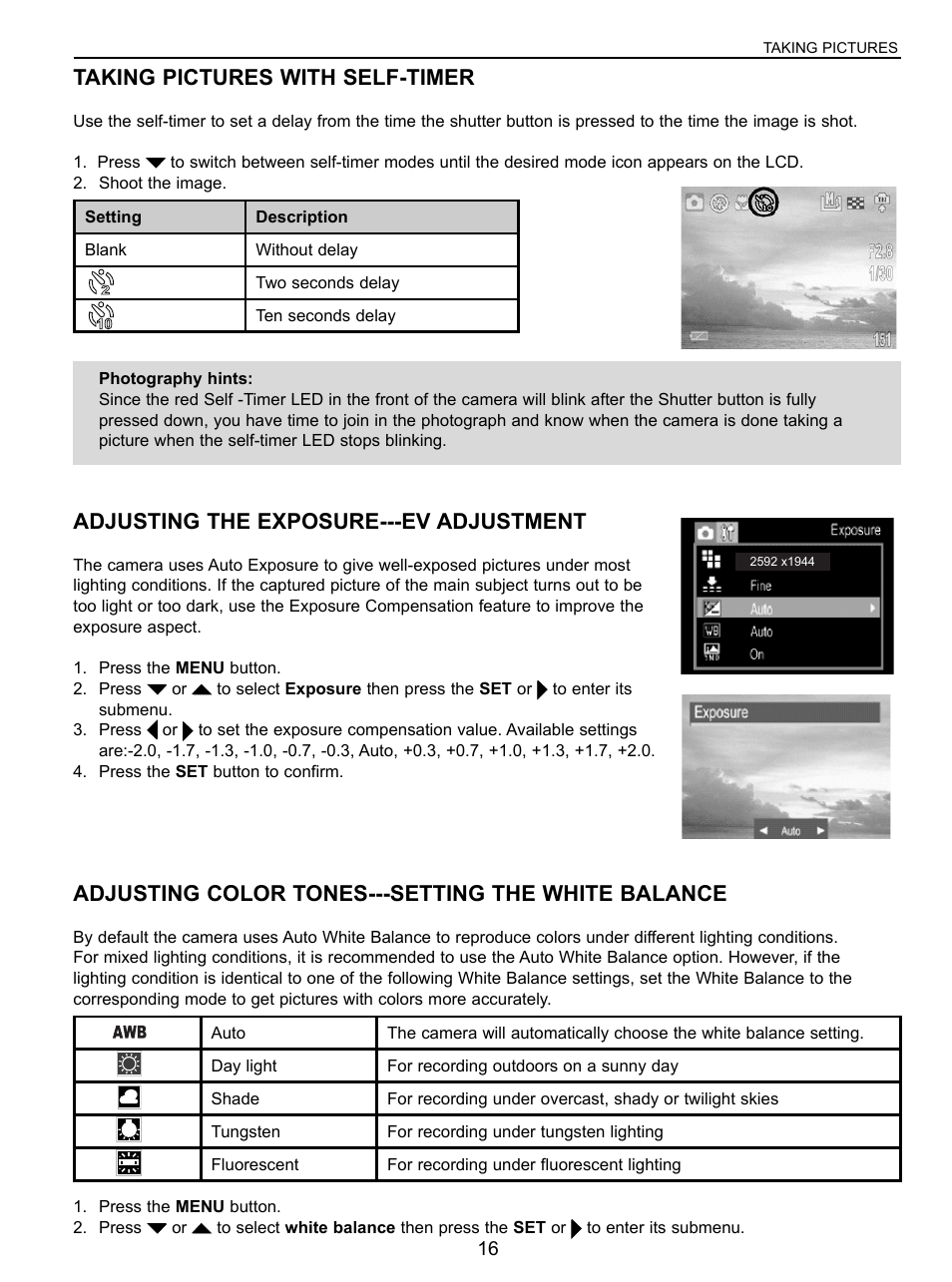 Taking pictures with the self-timer, Setting the exposure, Setting the white balance | Taking pictures with self-timer, Adjusting the exposure---ev adjustment, Adjusting color tones---setting the white balance | Concord Camera 5040 User Manual | Page 17 / 42