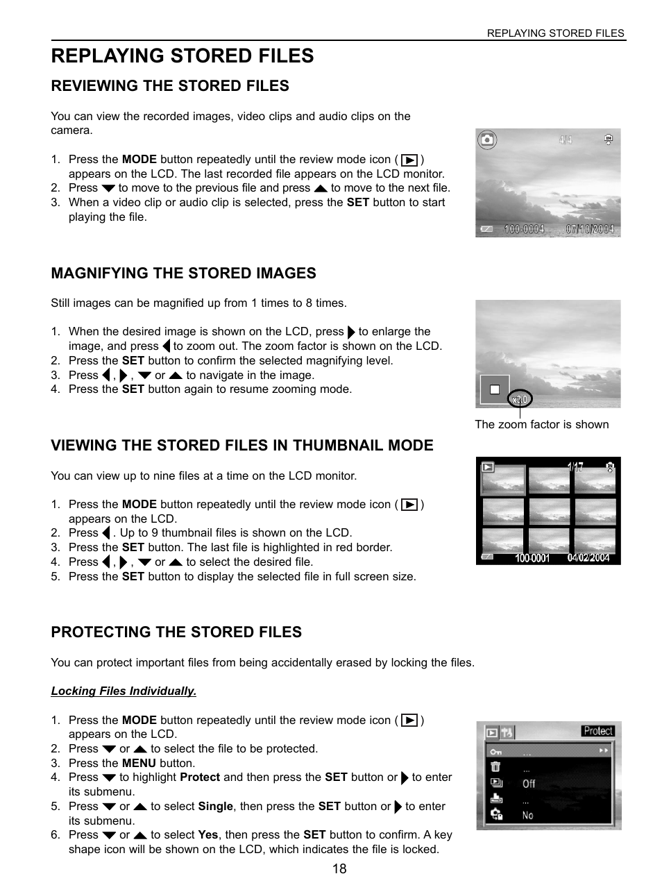 Reviewing the stored files, Reviewing files, Magnifying pictures | Viewing files in thumbnail mode, Protecting files, Replaying stored files, Magnifying the stored images, Viewing the stored files in thumbnail mode, Protecting the stored files | Concord Camera 5040 User Manual | Page 19 / 42