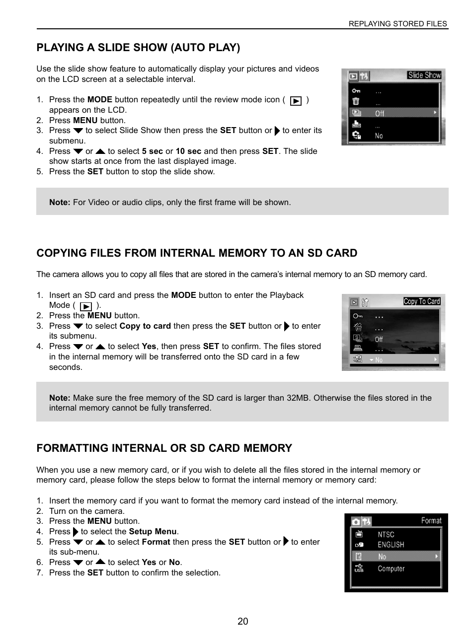Running slide show, Copying files, Formatting internal or sd card memory | Playing a slide show (auto play) | Concord Camera 5040 User Manual | Page 21 / 42