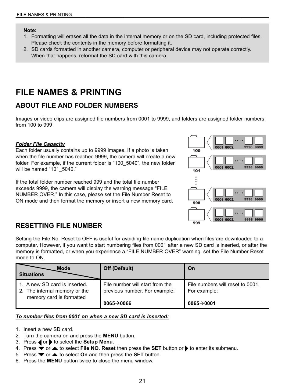 Setting file number & printing order, About file number and folder capacity, Setting file number | File names & printing, About file and folder numbers, Resetting file number | Concord Camera 5040 User Manual | Page 22 / 42