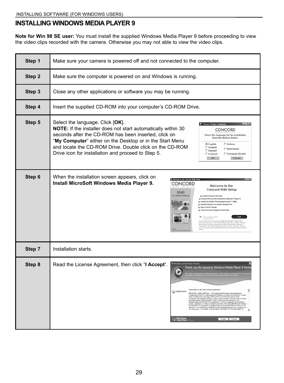 Installing windows media player 9 | Concord Camera 5040 User Manual | Page 30 / 42