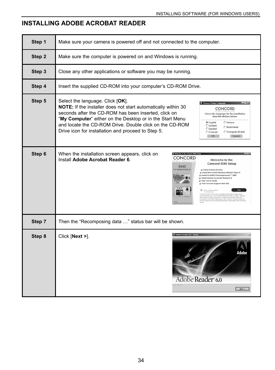 Installing adobe acrobat reader 6, Installing adobe acrobat reader | Concord Camera 5040 User Manual | Page 35 / 42