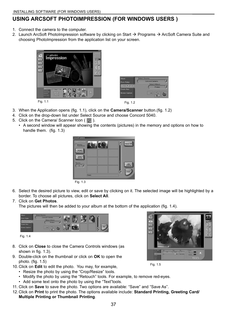 Using the arcsoft photoimpression, Using arcsoft photoimpression (for windows users ) | Concord Camera 5040 User Manual | Page 38 / 42