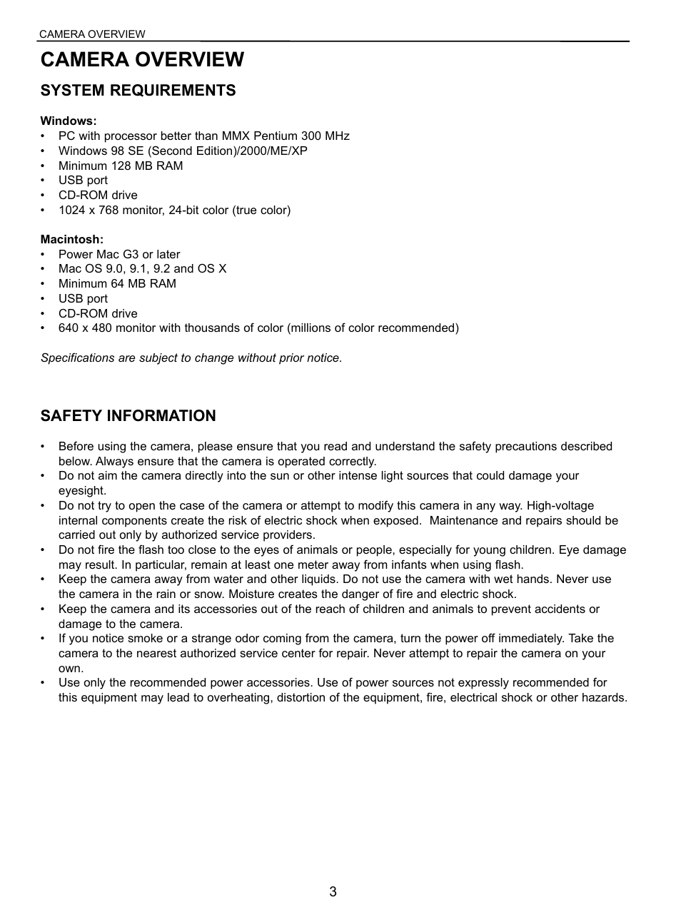 Camera overview, System requirements, Safety information | Concord Camera 5040 User Manual | Page 4 / 42