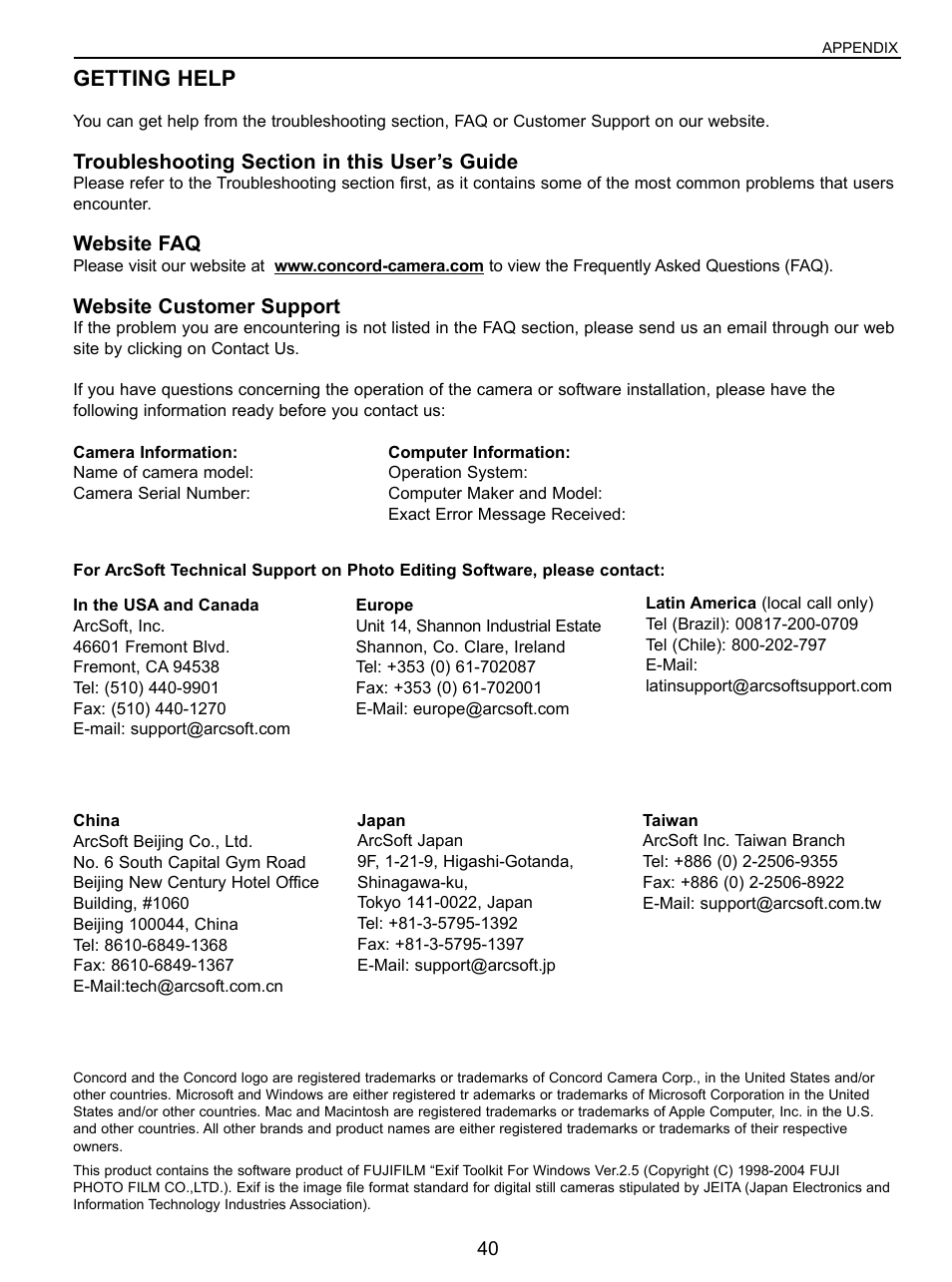 Getting help, Website faq, Website customer support | Concord Camera 5040 User Manual | Page 41 / 42