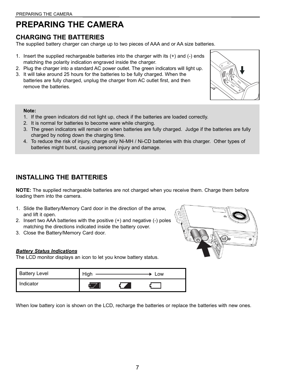 Preparing the camera, Charging the batteries, Installing the batteries | Concord Camera 5040 User Manual | Page 8 / 42