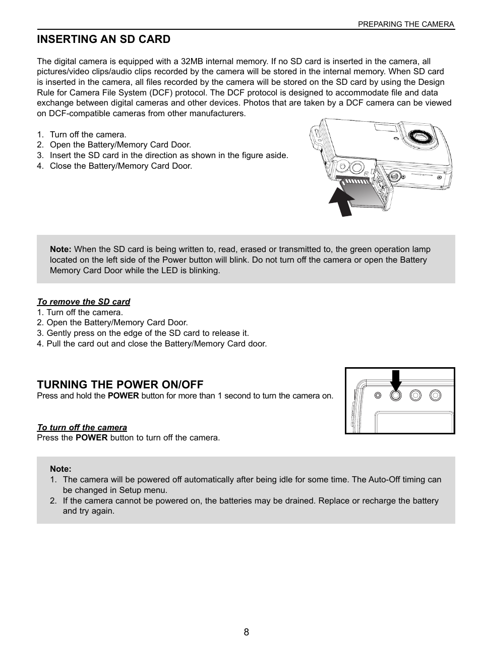 Inserting an sd card, Turning the power on / off, Turning the power on/off | Concord Camera 5040 User Manual | Page 9 / 42