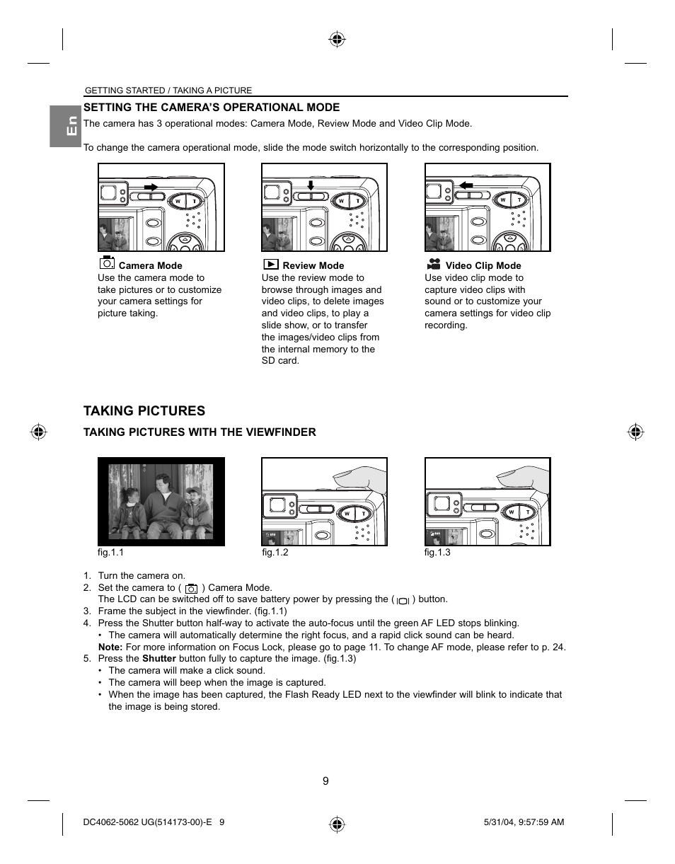 Taking pictures, Setting the camera’s operational mode, Taking pictures with the viewfinder | Getting started / taking a picture | Concord Camera Eye-Q 4062AF User Manual | Page 11 / 75