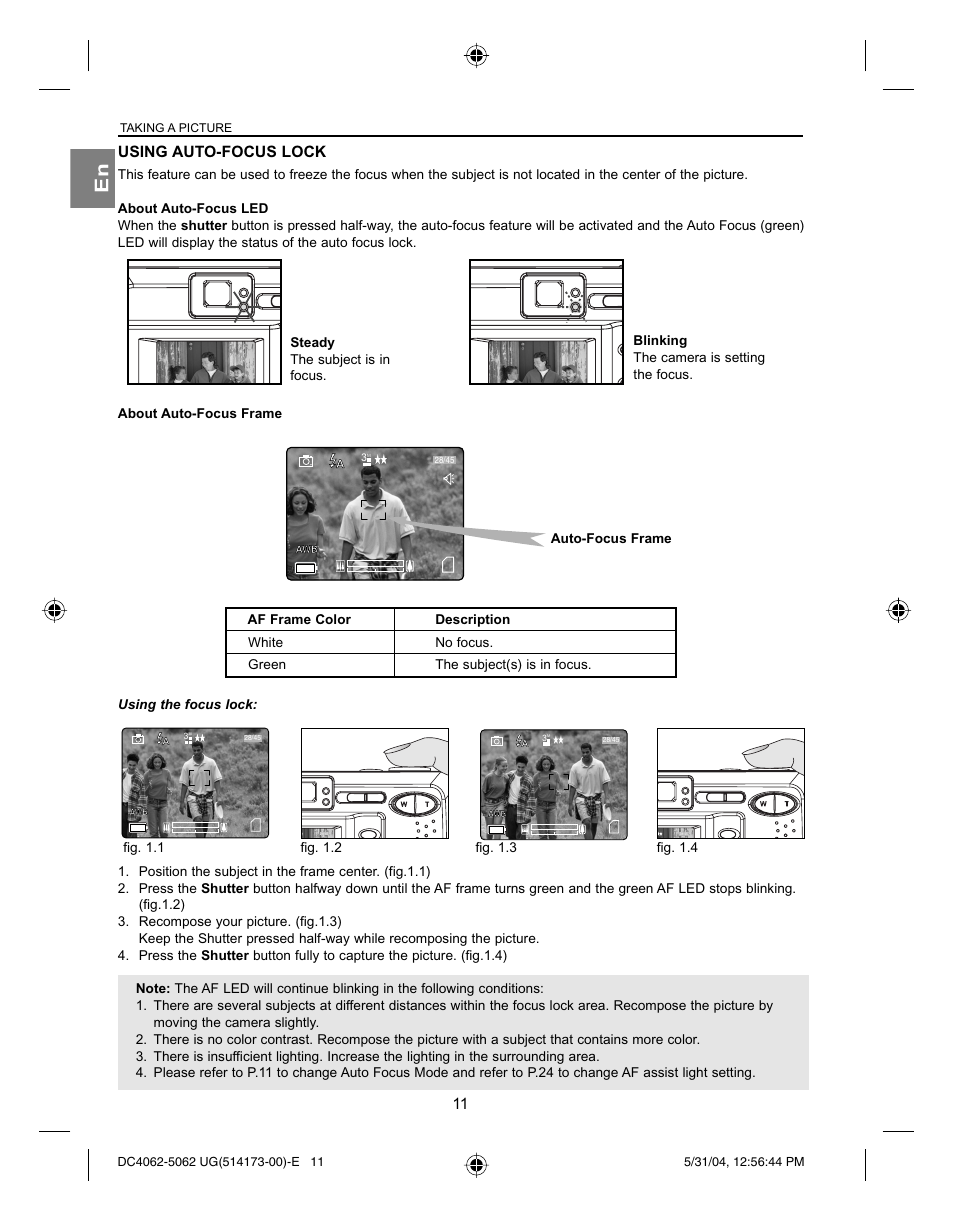 Using auto-focus lock, Fig. 1.1, Auto-focus frame | Taking a picture | Concord Camera Eye-Q 4062AF User Manual | Page 13 / 75