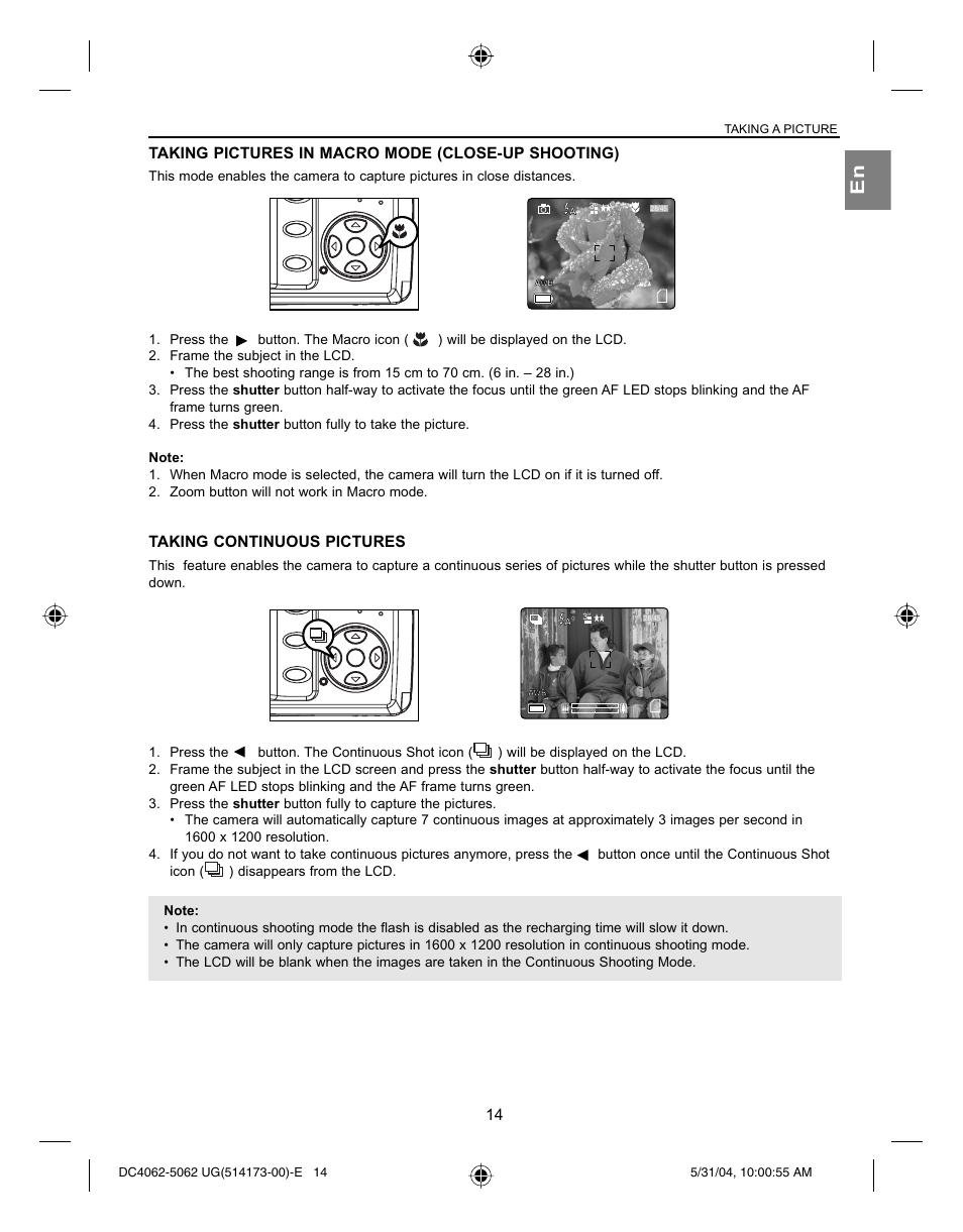 Taking pictures in macro mode (close-up shooting), Taking continuous pictures, Taking a picture | Concord Camera Eye-Q 4062AF User Manual | Page 16 / 75