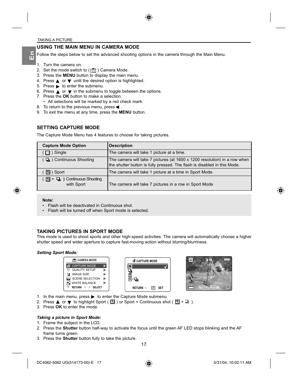 Using the main menu in camera mode, Setting capture mode, Taking pictures in sport mode | Concord Camera Eye-Q 4062AF User Manual | Page 19 / 75