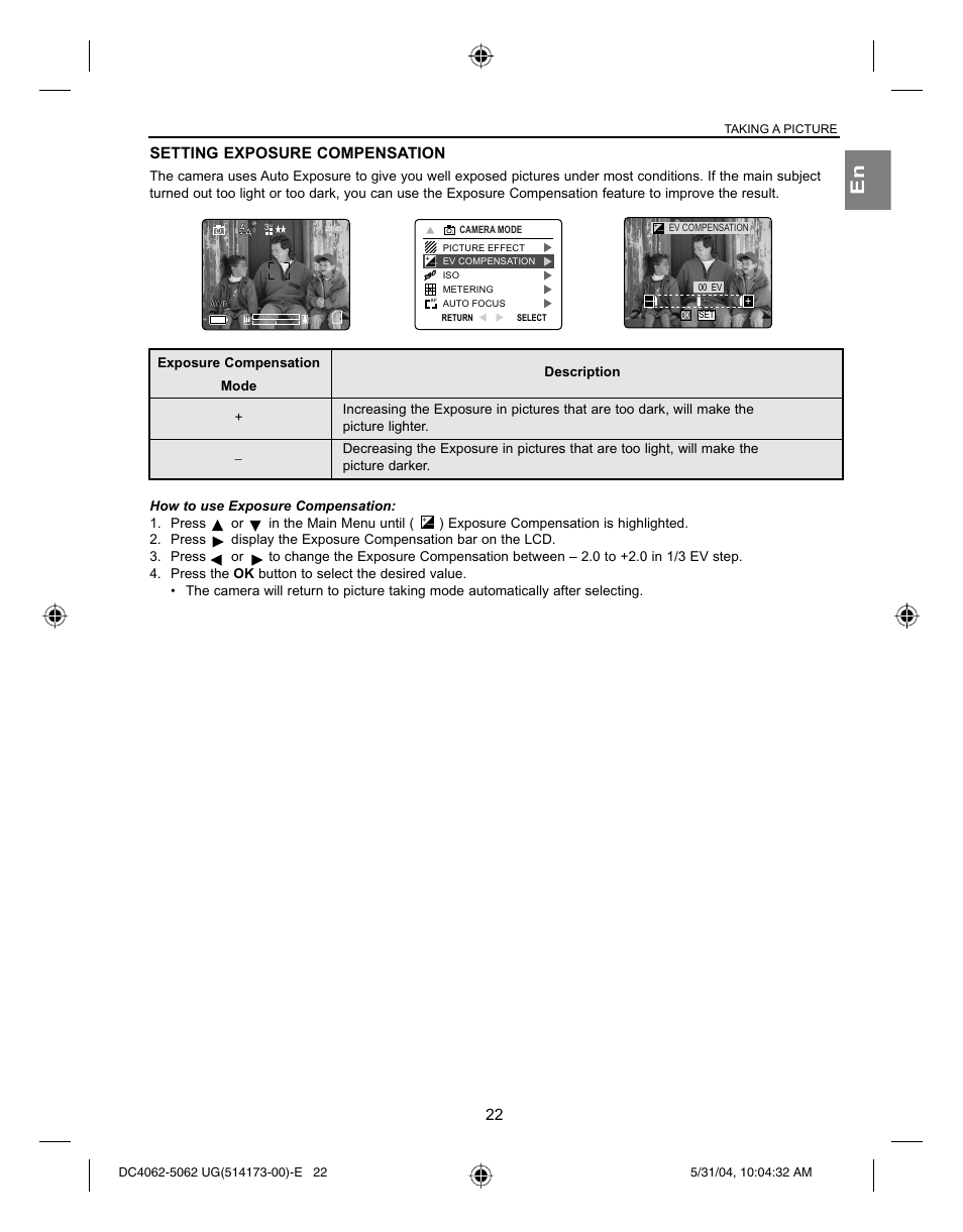 Setting exposure compensation | Concord Camera Eye-Q 4062AF User Manual | Page 24 / 75