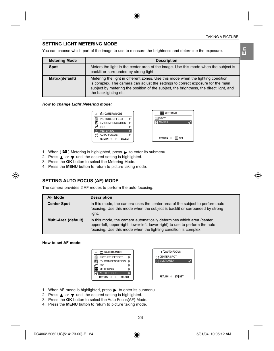 Setting light metering mode, Setting auto focus (af) mode | Concord Camera Eye-Q 4062AF User Manual | Page 26 / 75