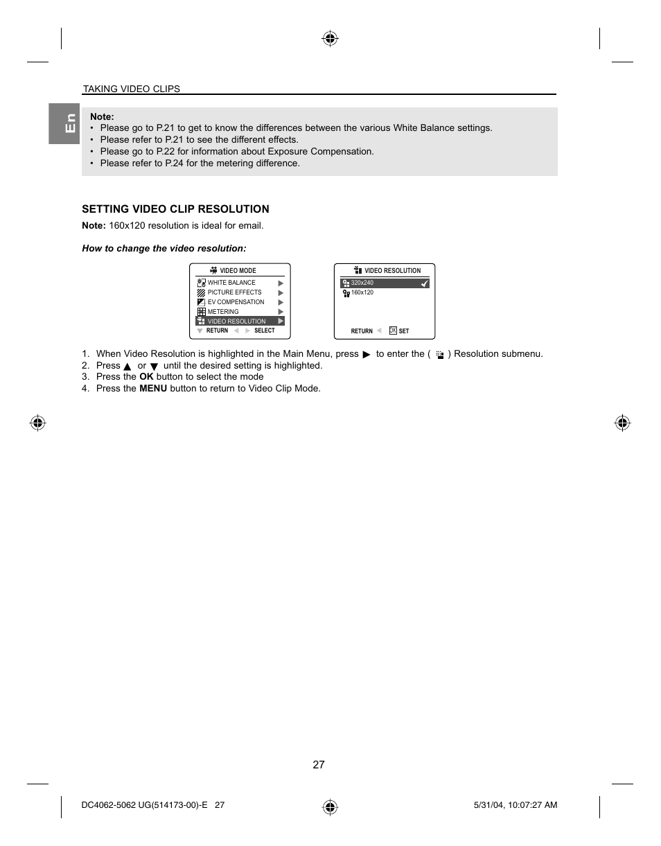 Setting video clip resolution | Concord Camera Eye-Q 4062AF User Manual | Page 29 / 75