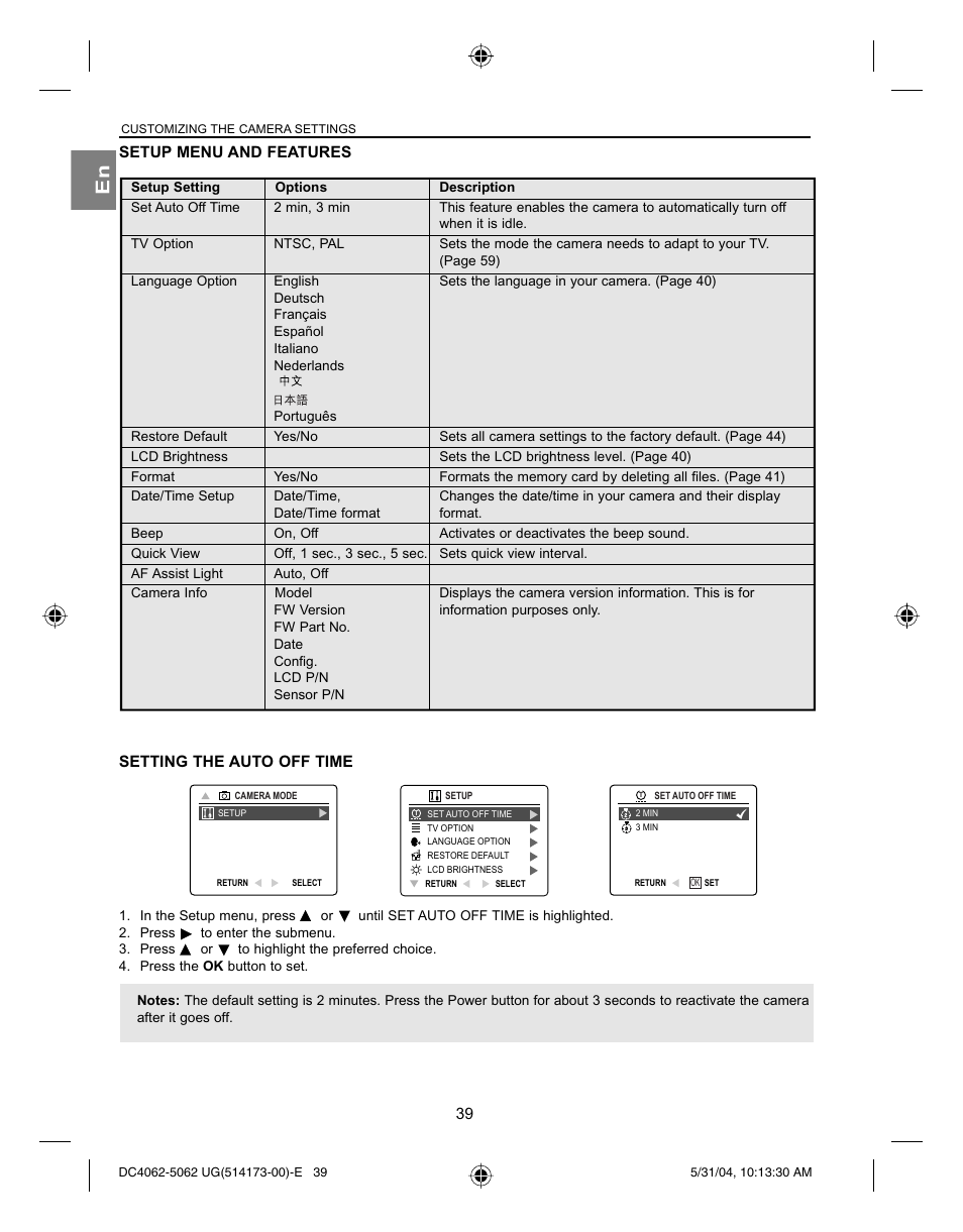 Setup menu and features, Setting the auto off time | Concord Camera Eye-Q 4062AF User Manual | Page 41 / 75