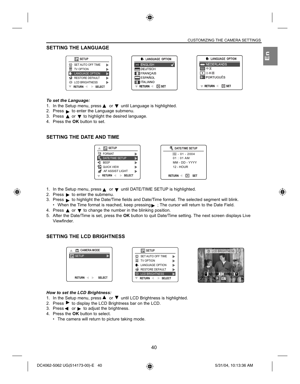 Setting the language, Setting the date and time, Setting the lcd brightness | Customizing the camera settings | Concord Camera Eye-Q 4062AF User Manual | Page 42 / 75