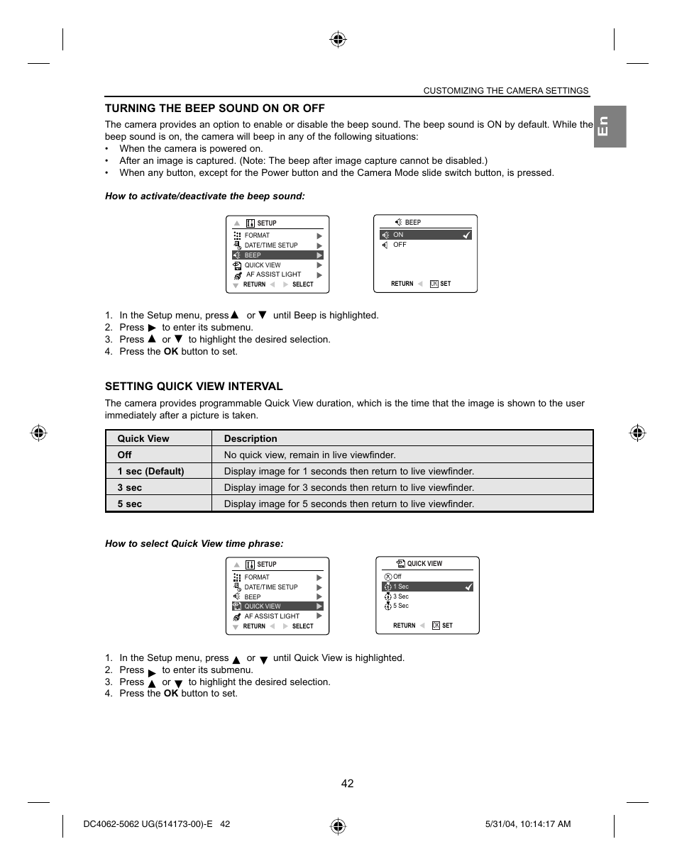 Turning the beep sound on or off, Setting quick view interval | Concord Camera Eye-Q 4062AF User Manual | Page 44 / 75
