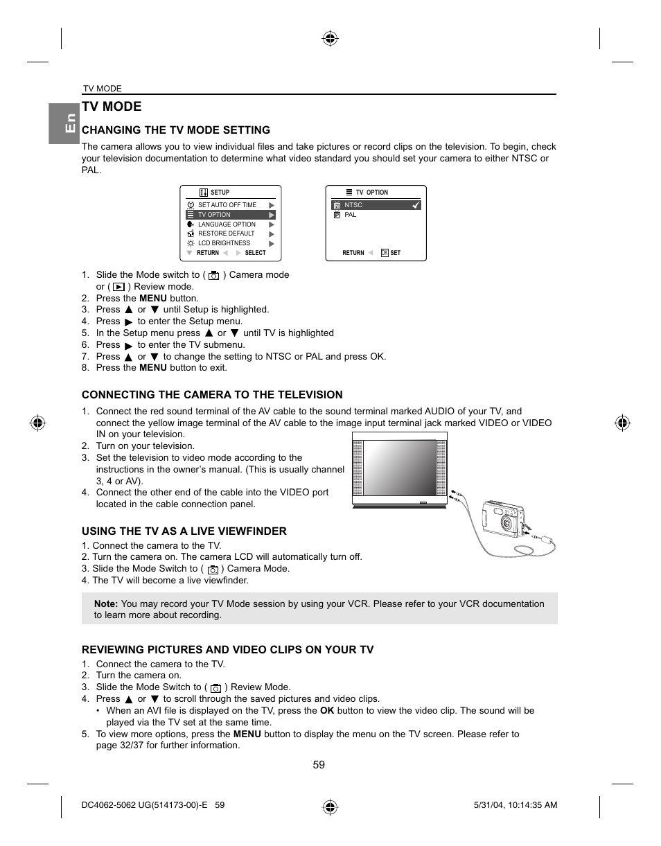 En tv mode, Changing the tv mode setting, Connecting the camera to the television | Using the tv as a live viewfinder, Reviewing pictures and video clips on your tv | Concord Camera Eye-Q 4062AF User Manual | Page 61 / 75