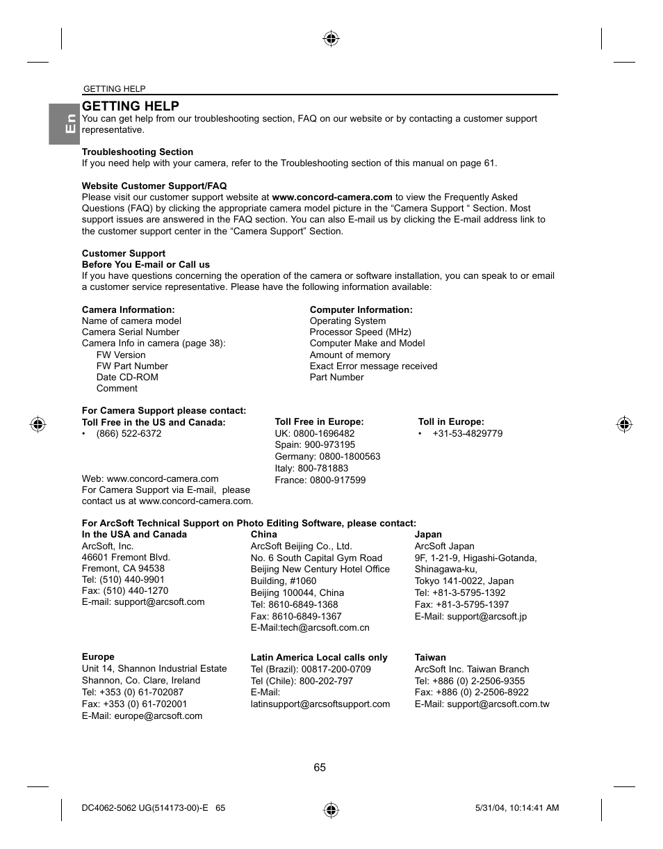 Getting help | Concord Camera Eye-Q 4062AF User Manual | Page 67 / 75