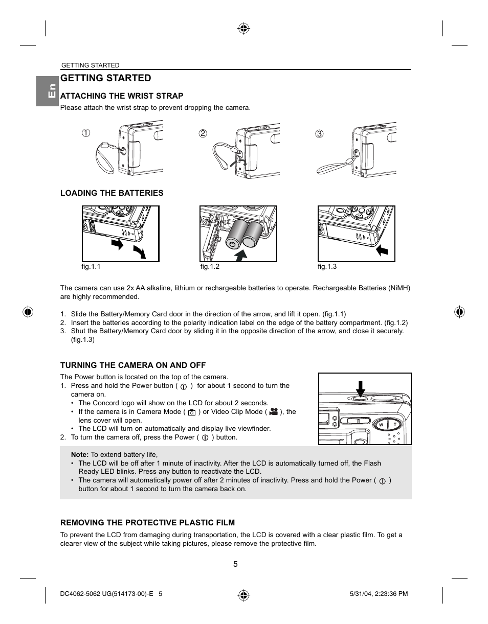 En getting started, Attaching the wrist strap, Loading the batteries | Turning the camera on and off, Removing the protective plastic film, Getting started | Concord Camera Eye-Q 4062AF User Manual | Page 7 / 75