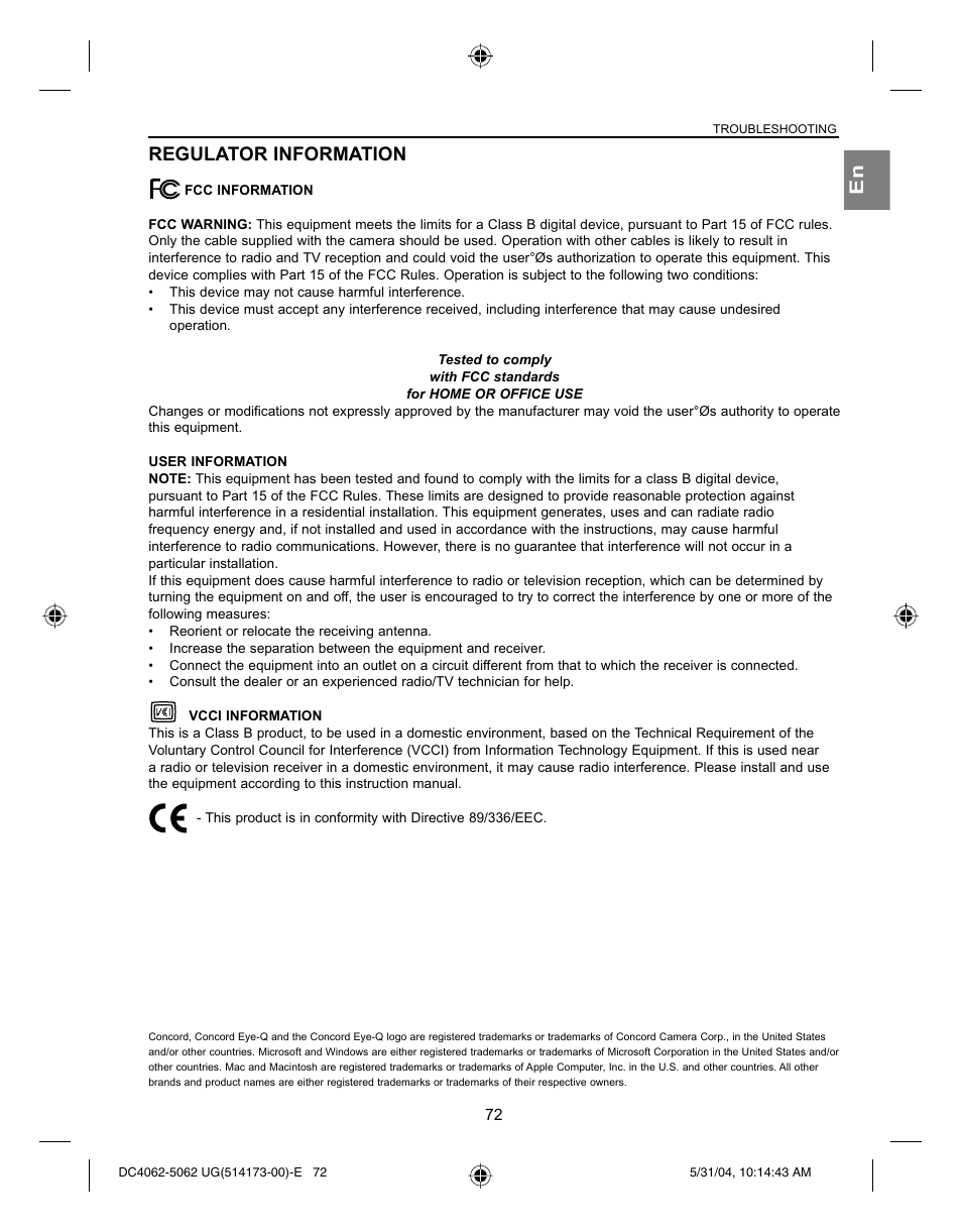 En regulator information | Concord Camera Eye-Q 4062AF User Manual | Page 74 / 75