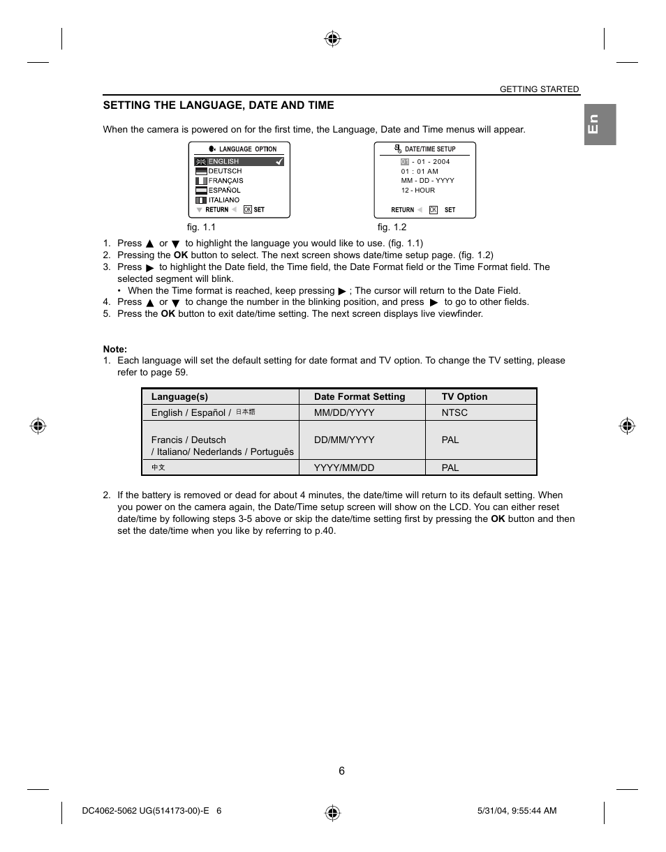 Setting the language, date and time | Concord Camera Eye-Q 4062AF User Manual | Page 8 / 75