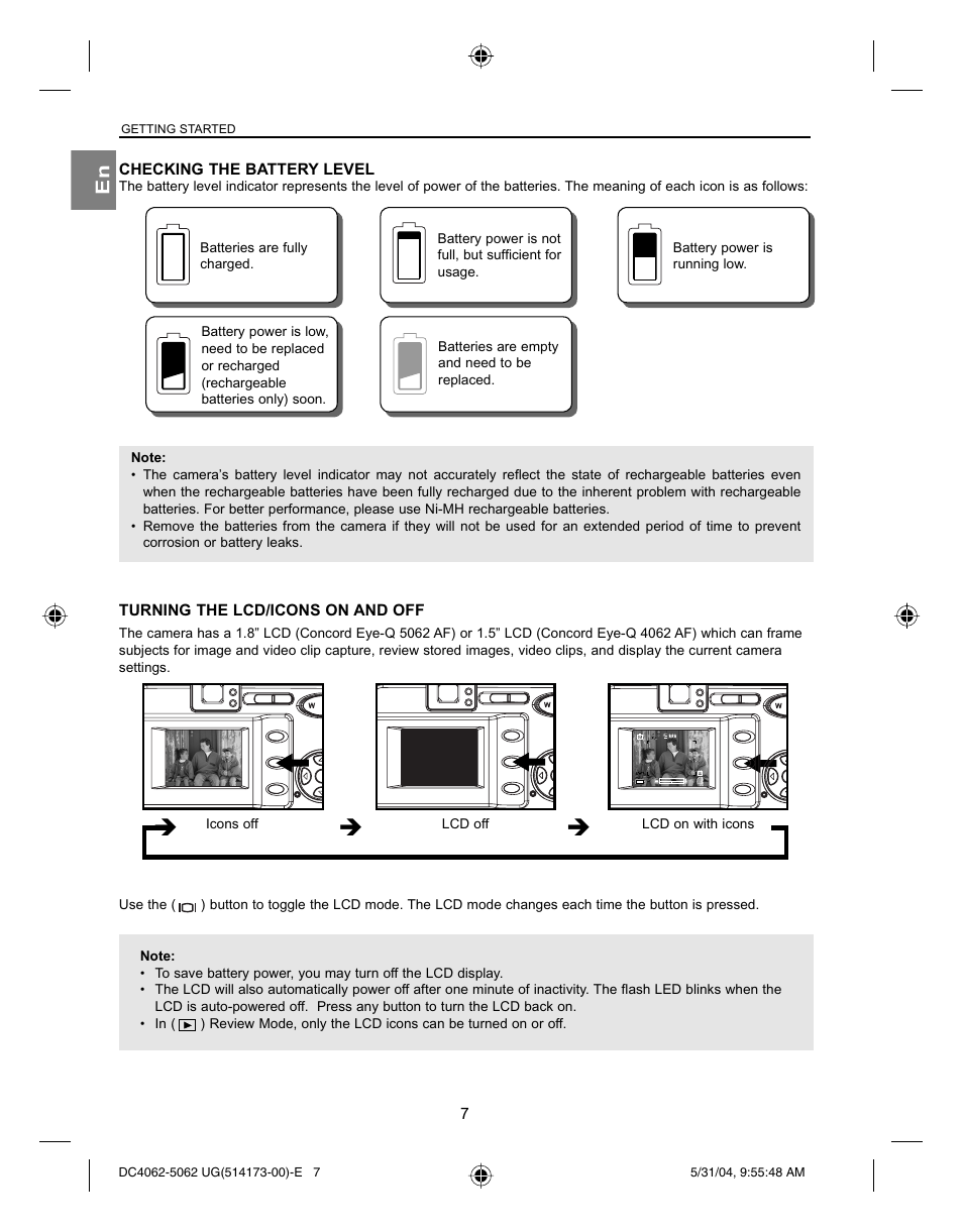 Checking the battery level, Turning the lcd/icons on and off, Icons off lcd off lcd on with icons | Getting started | Concord Camera Eye-Q 4062AF User Manual | Page 9 / 75