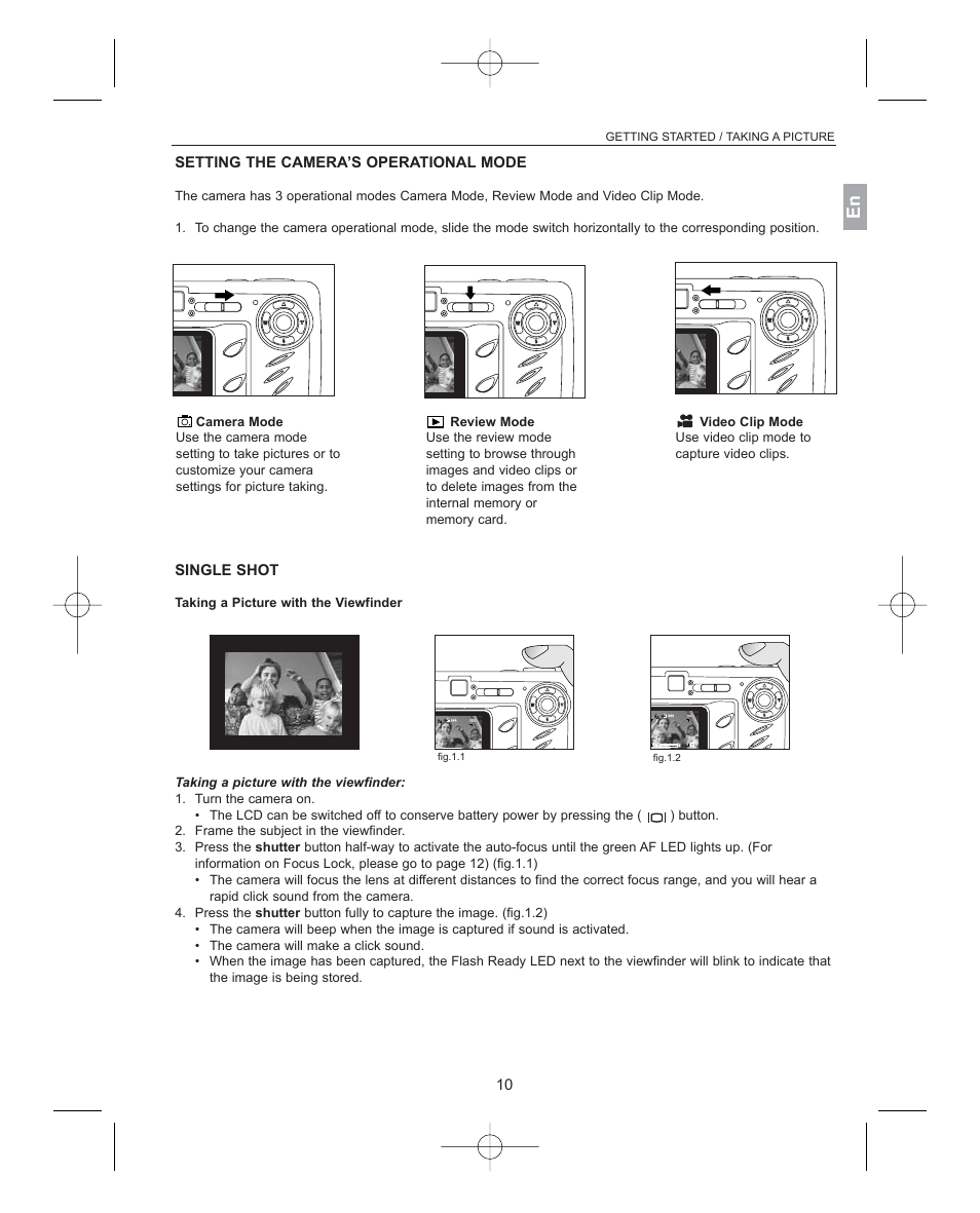 Setting the camera’s operational mode, Taking a picture, Taking a picture with the viewfinder | 10 setting the camera’s operational mode, Single shot, Getting started / taking a picture, Fig.1.1, Fig.1.2 | Concord Camera 3341z User Manual | Page 11 / 61